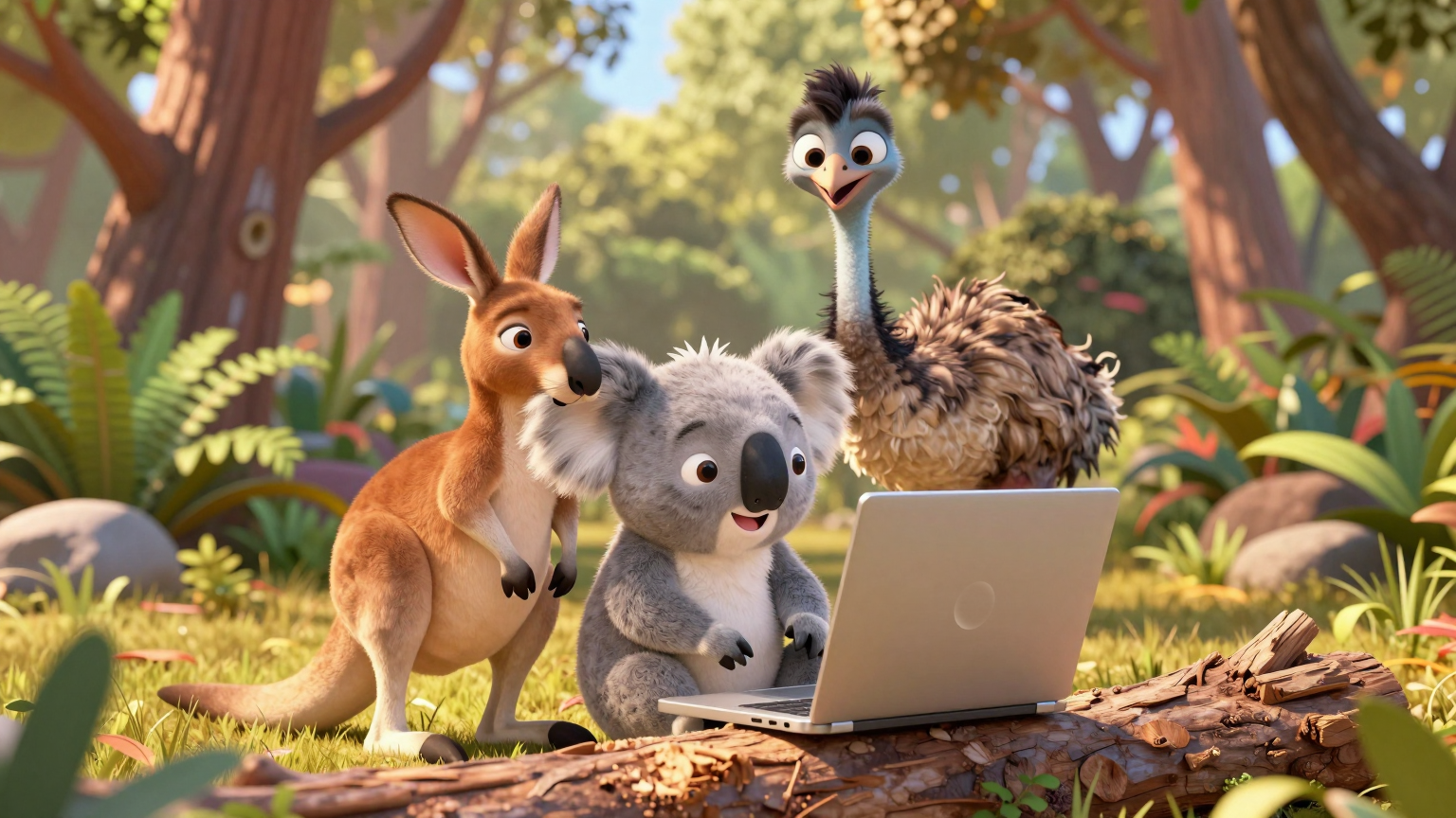 3D cartoon illustration of a koala, a kangaroo and an emu gathered around a laptop in the Australian bush